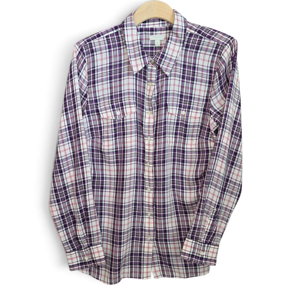 Talbots Shirt Womens Medium Purple Plaid Button Front Rayon Long Sleeve Blouse